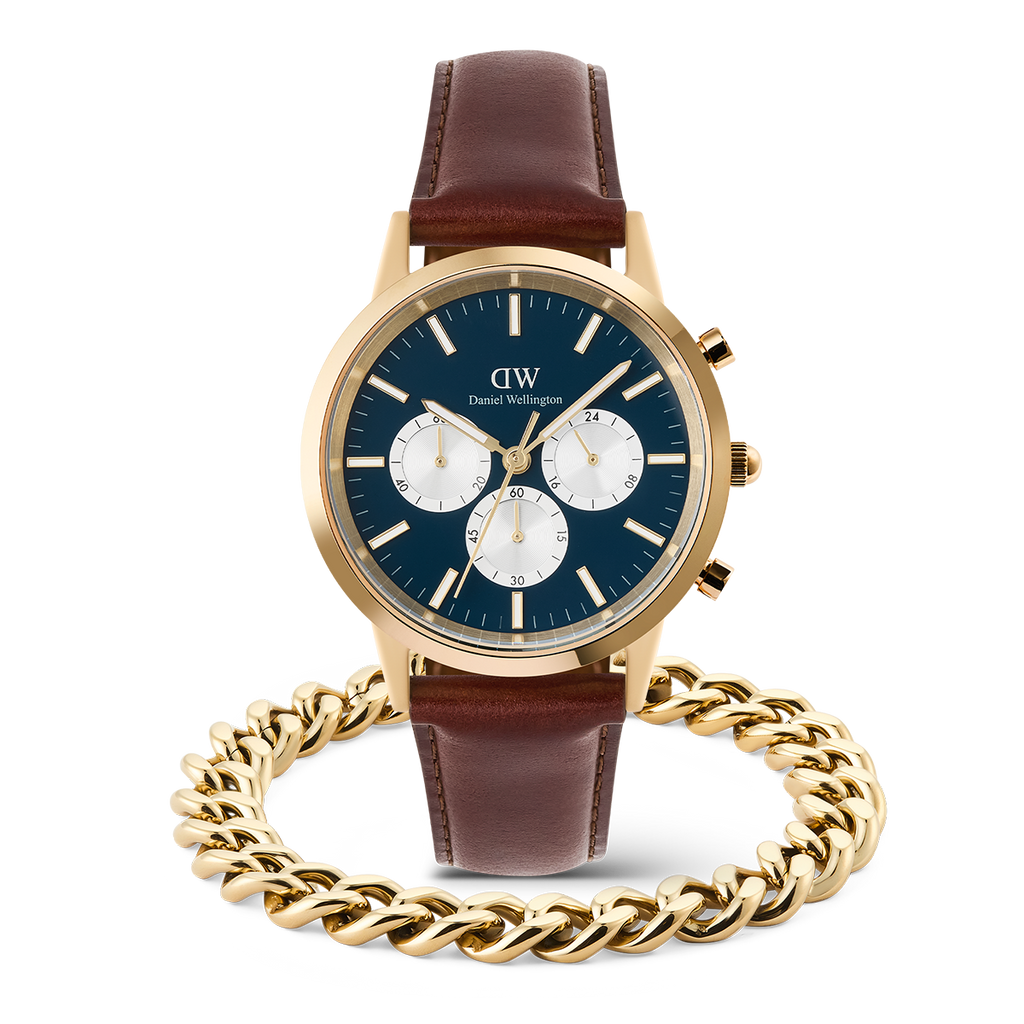 Iconic Chronograph Panda + Ellipse Cuban Chain Bracelet Gold Set
