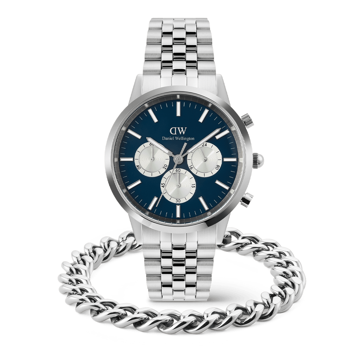 Iconic Chronograph Panda + Ellipse Cuban Chain Bracelet Silver Set