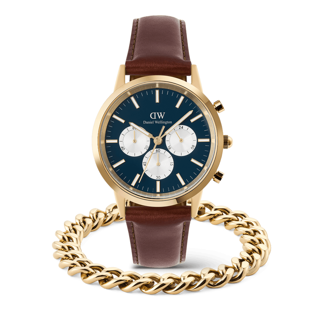 Iconic Chronograph Panda + Ellipse Cuban Chain Bracelet Gold Set
