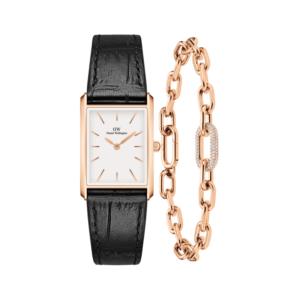 Bound Black Crocodile & Crystal Link Bracelet Rose Gold