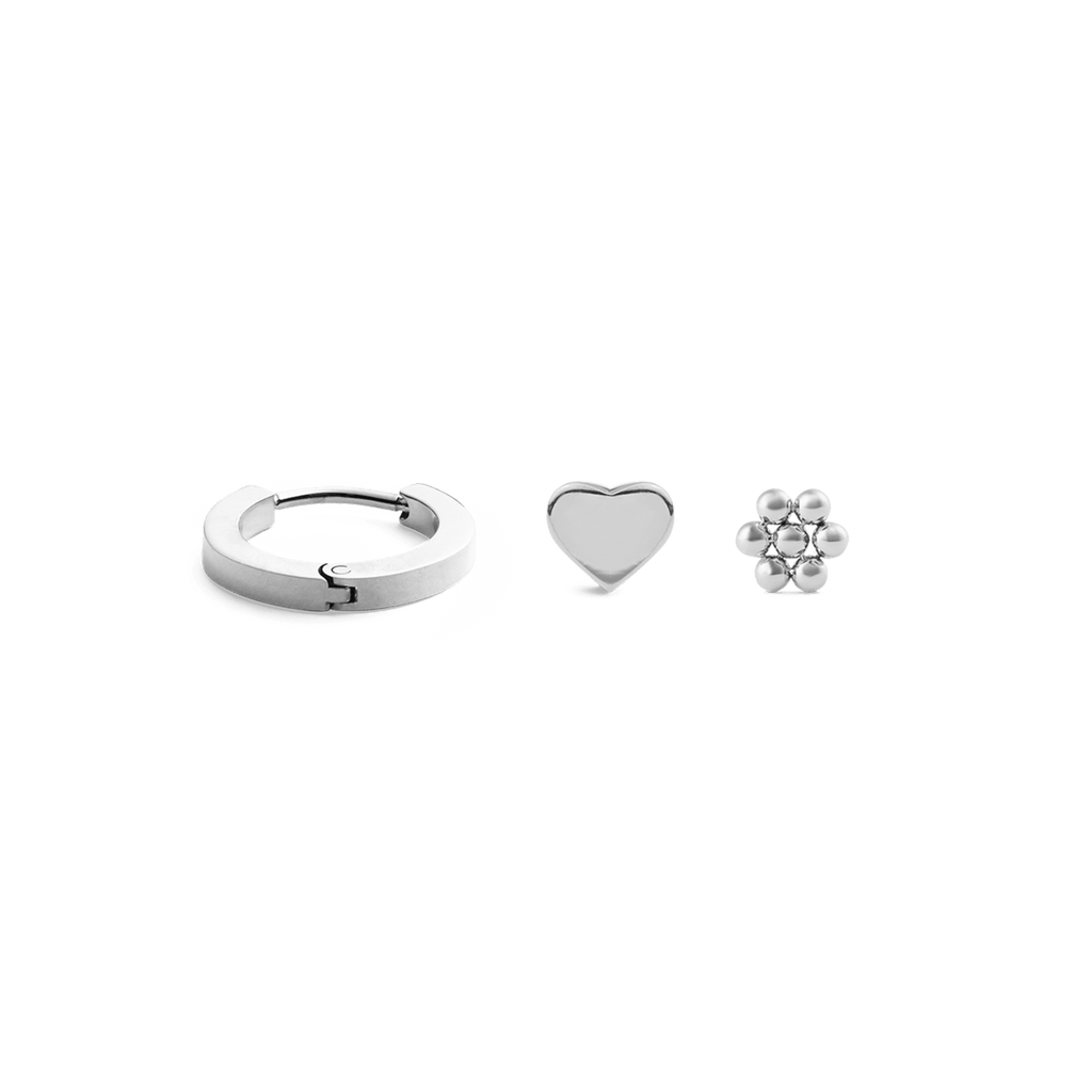 Hoop + Heart + Flower Stud Silver Set