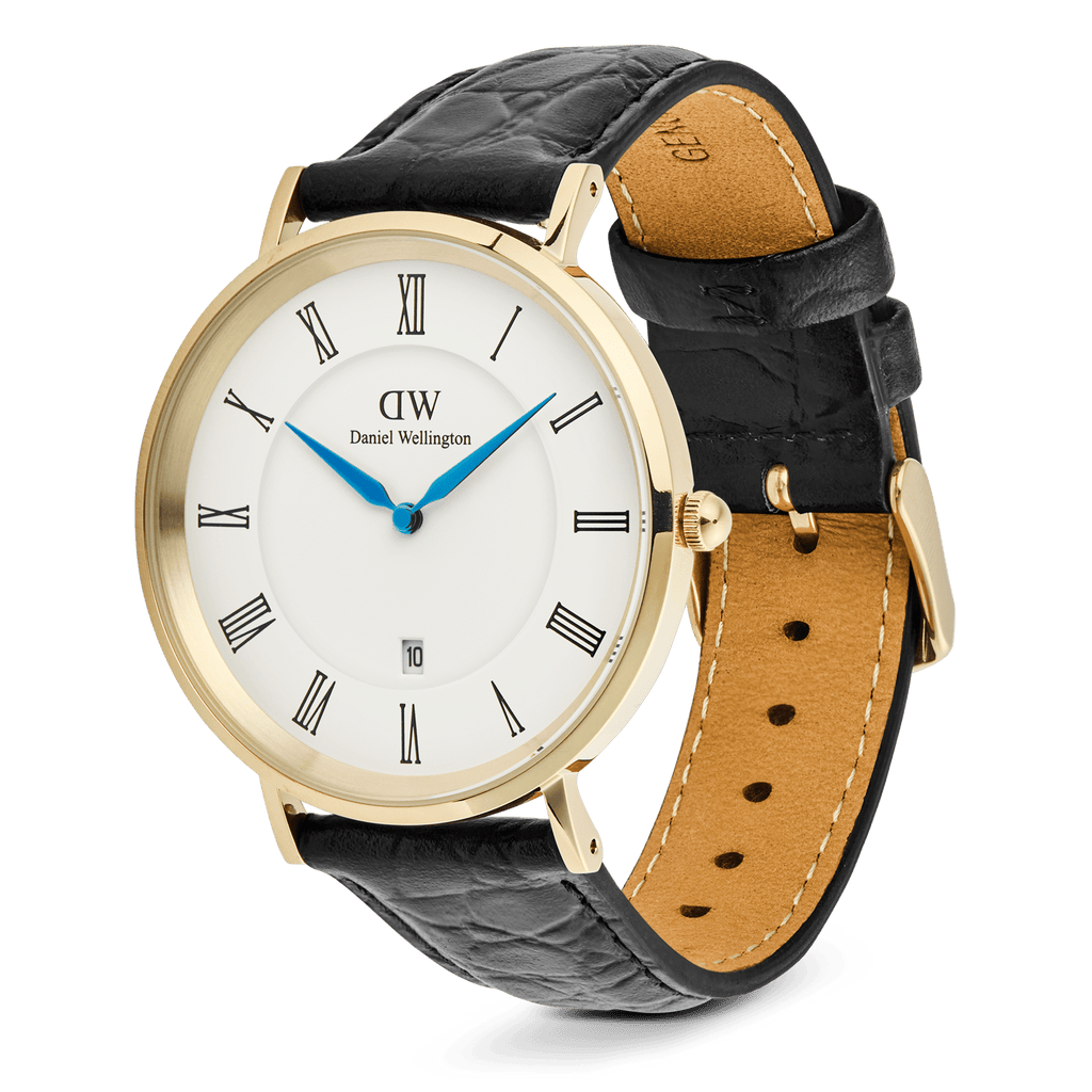 Classic Roman Numerals Date Black Croc Belly Gold
