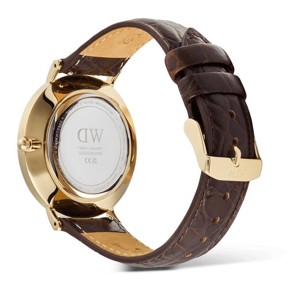 Classic Roman Numerals Date Dark Brown Croc Belly Gold